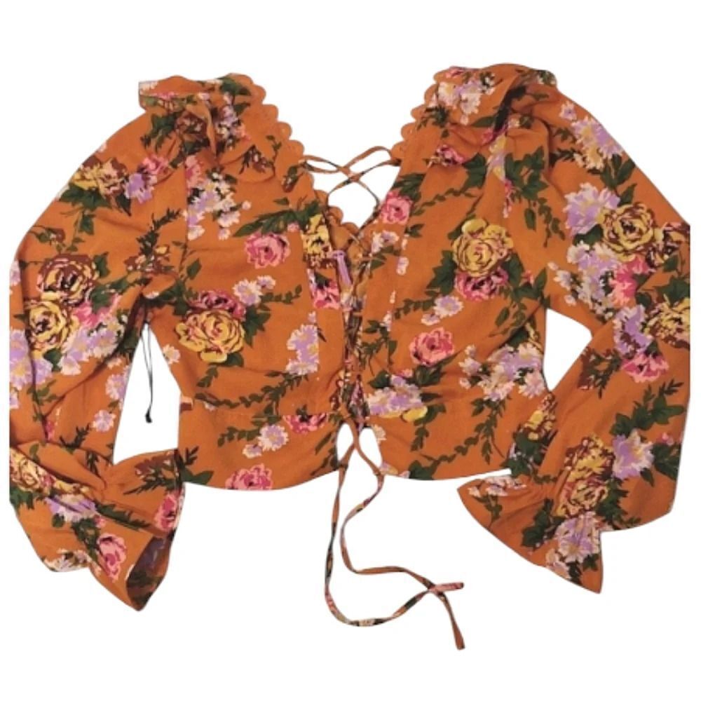 Milk & Honey Rustic Floral Lace Up Ruffled Long Sleeve Crop Blouse Large NWOT - Picture 11 of 15